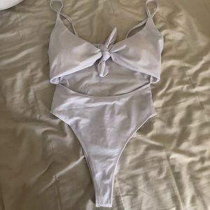 Shein white tie front knot one piece monokini